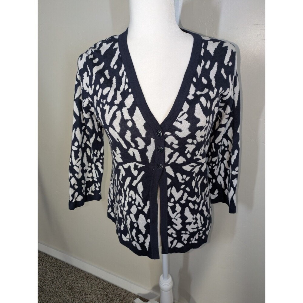Christopher & Banks Cardigan Women S Navy White Animal Print 3/4 Sleeve Cotton